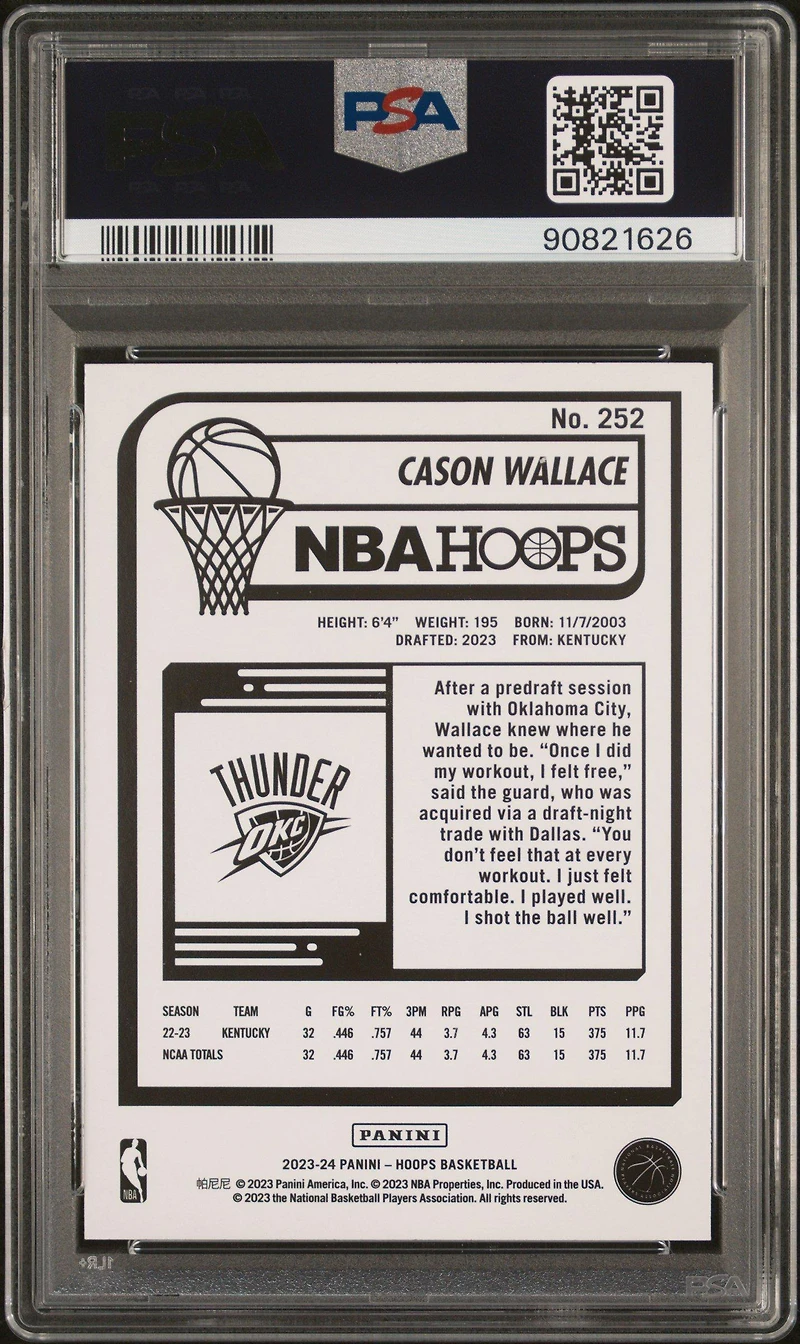 2023 Panini Nba Hoops 252 Cason Wallace Teal Explosion PSA 10