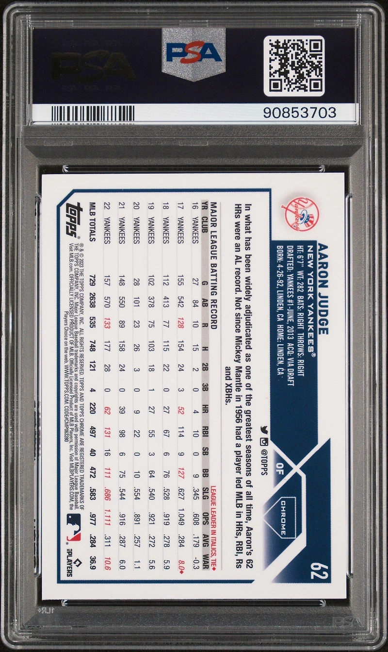 2023 Topps Chrome Logofractor Edition 62 Aaron Judge Pink Refractor PSA 10