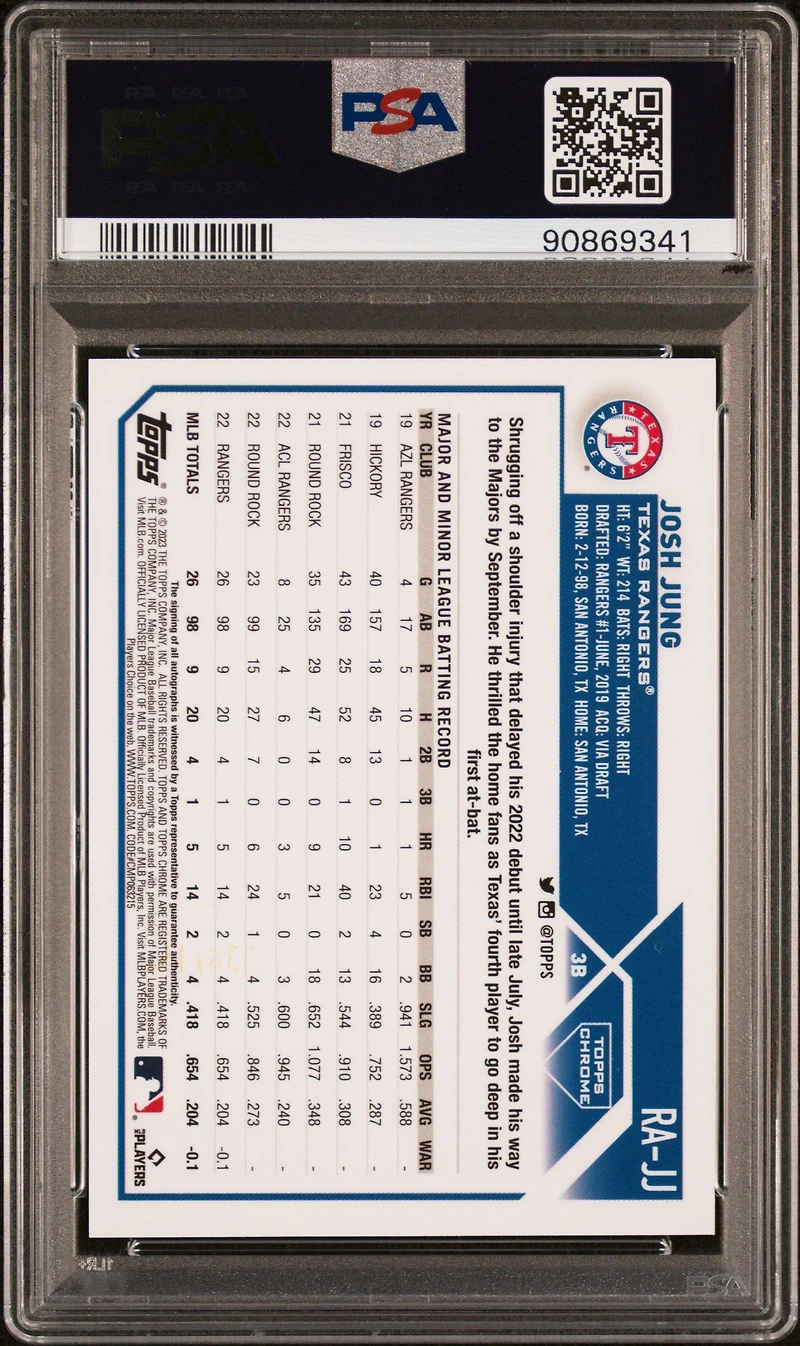 2023 Topps Chrome Rookie Autograph Rajj Josh Jung Blue Refractor PSA 10