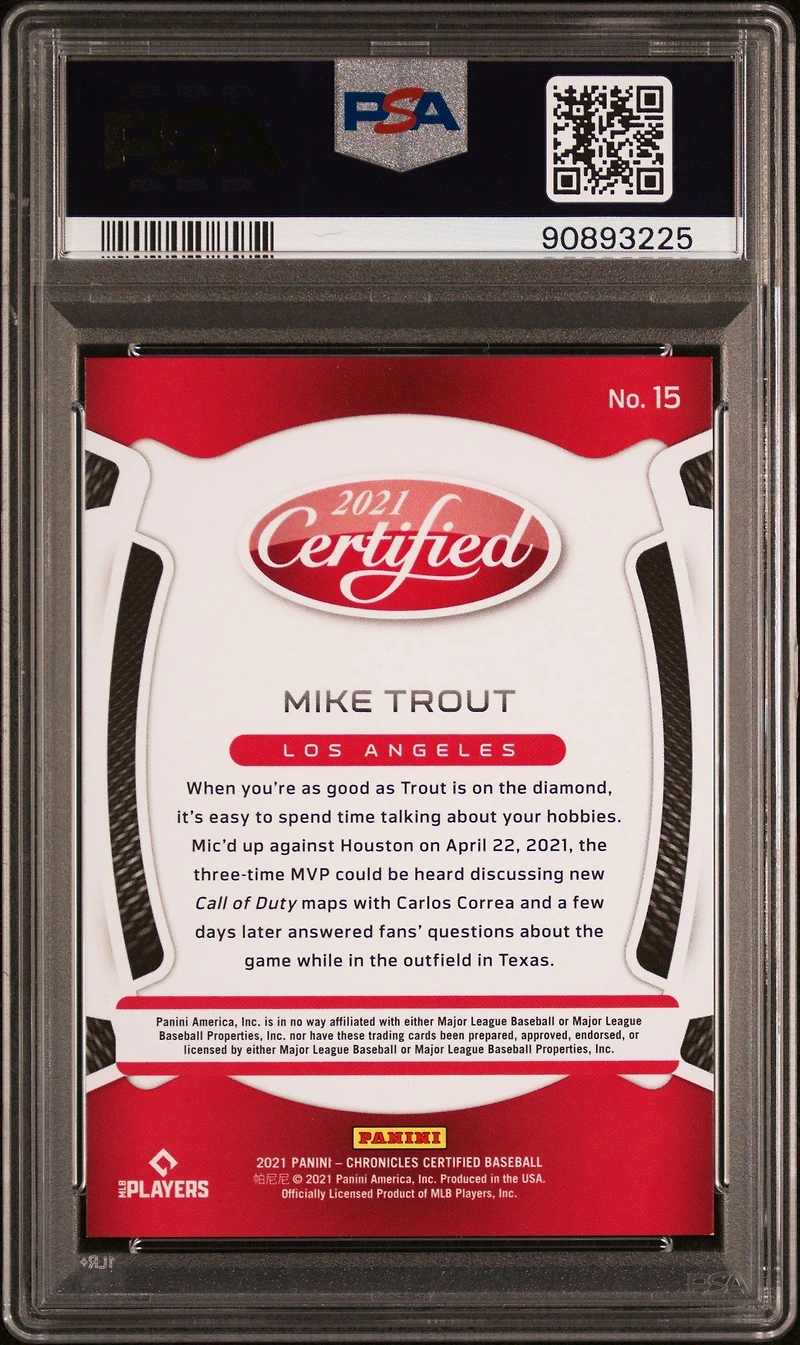 2021 Panini Chronicles Certified 15 Mike Trout Mirror Gold PSA 9