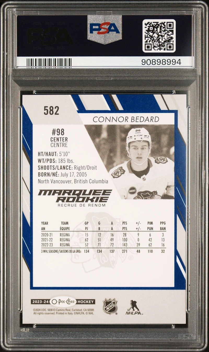 2023 Upper Deck O-pee-chee 582 Connor Bedard Blue Border PSA 10