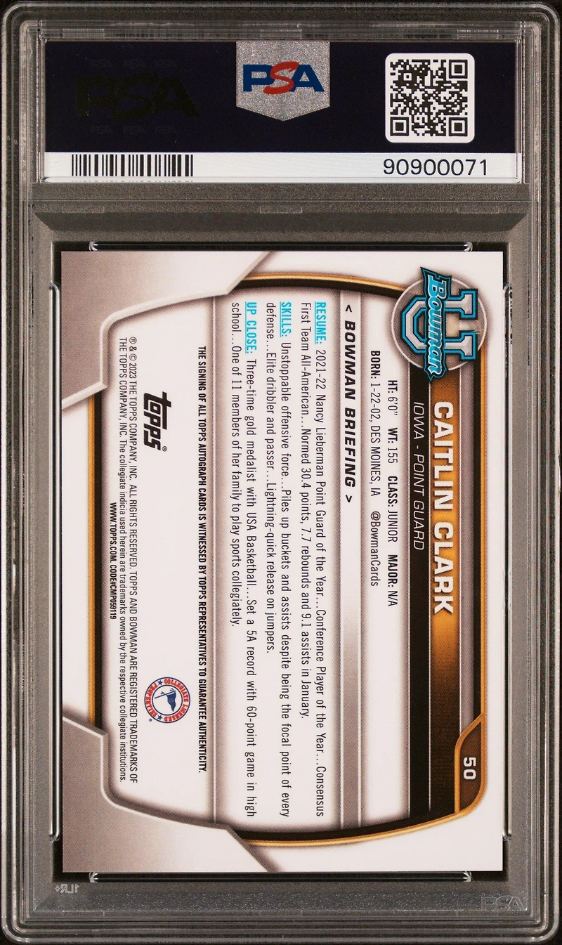 2022 Bowman Chrome University 50 Caitlin Clark Prospect Autograph PSA 9