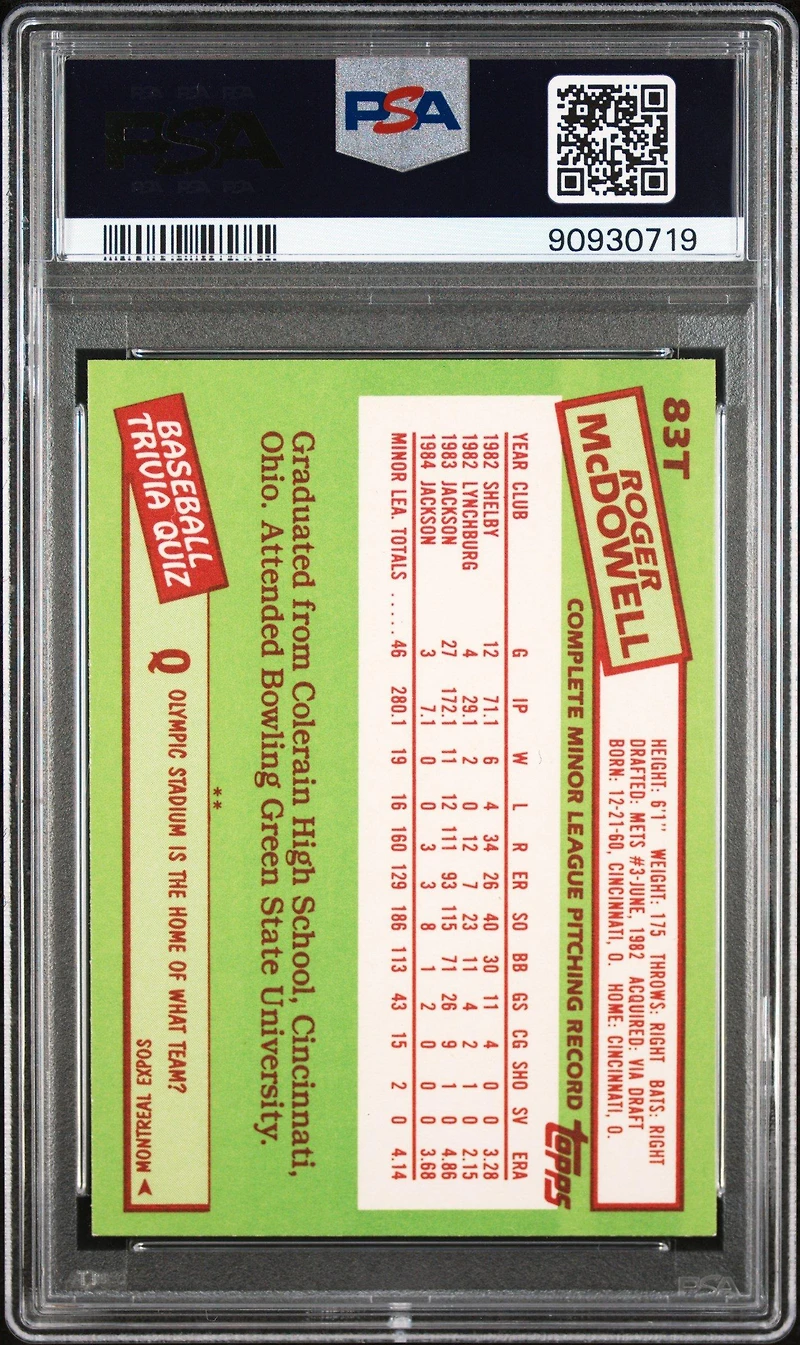 1985 Topps Traded 83t Roger Mcdowell PSA 10