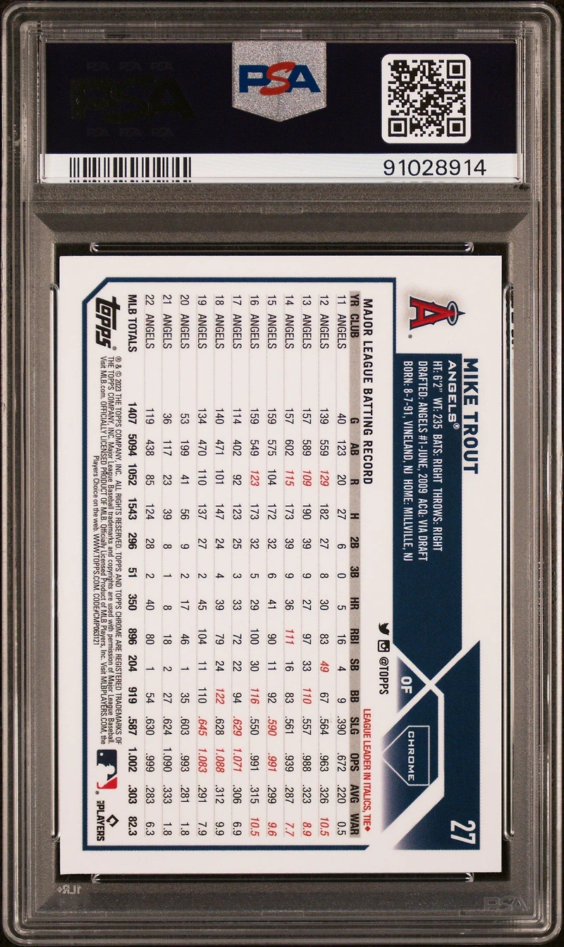 2023 Topps Chrome 27 Mike Trout Aqua Refractor PSA 10