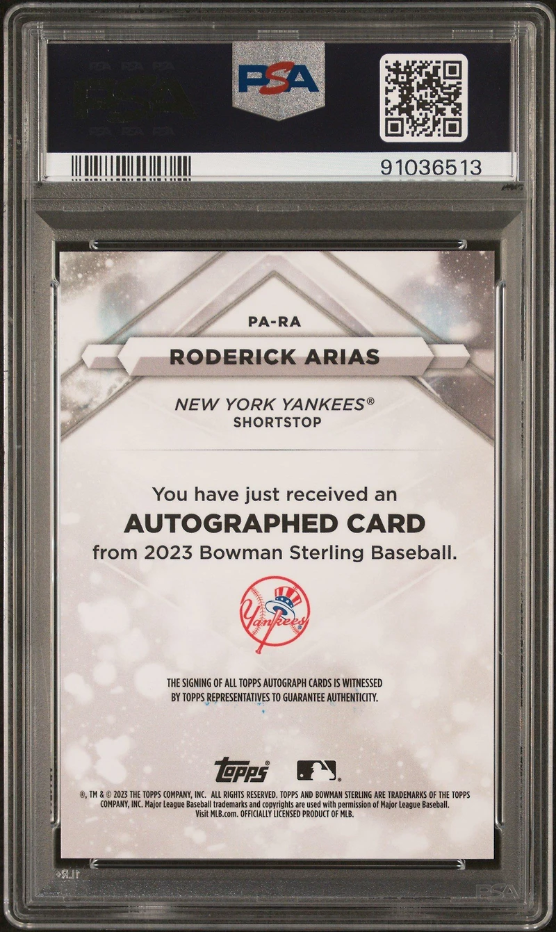 2023 Bowman Sterling Prospect Autographs Para Roderick Arias Blue Refractor PSA 10