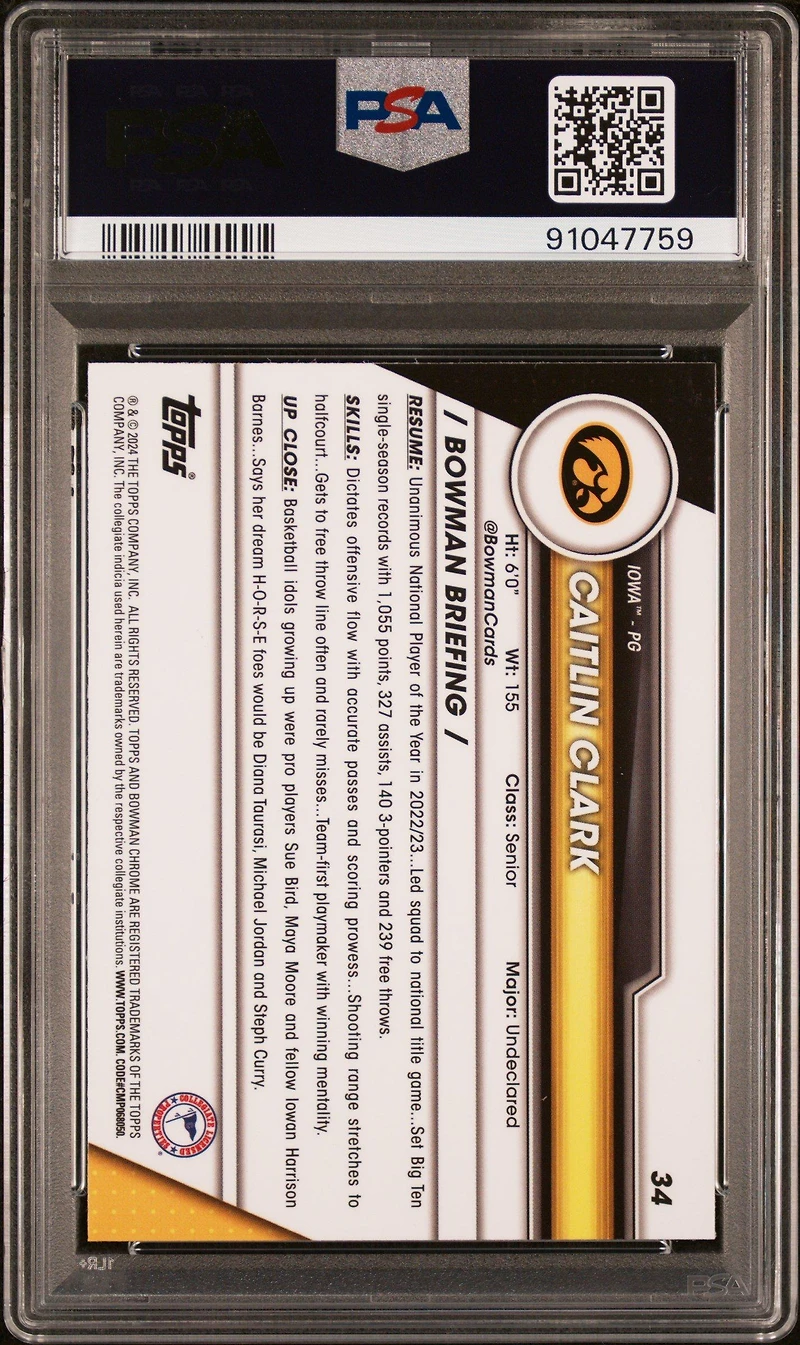 2023 Bowman University Chrome 34 Caitlin Clark Sp PSA 9