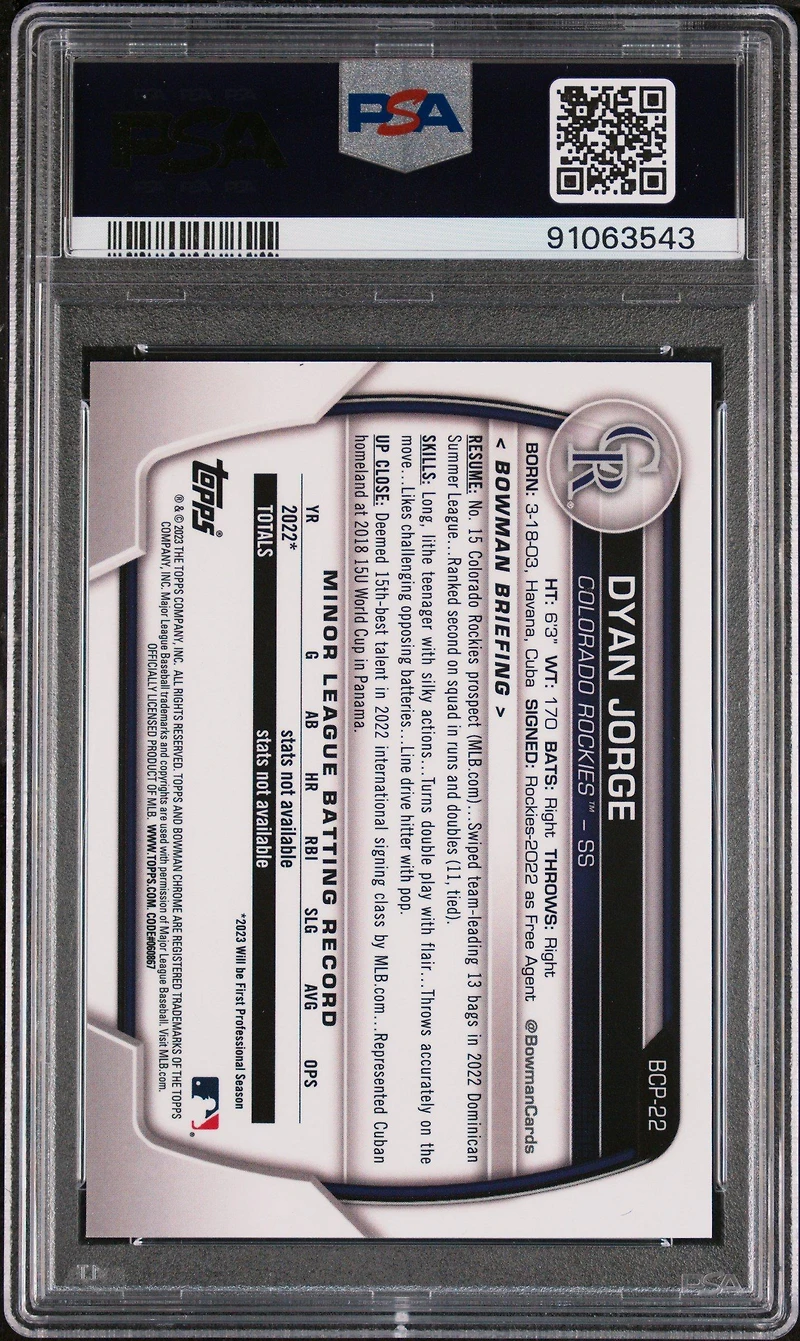 2023 Bowman Mega Box Chrome 22 Dyan Jorge Gold Refractor PSA 10
