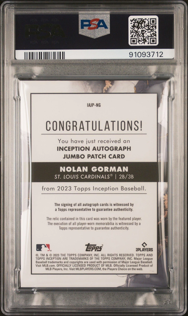 2023 Topps Inception Inception Autograph Jumbo Patch Iajpng Nolan Gorman PSA 10