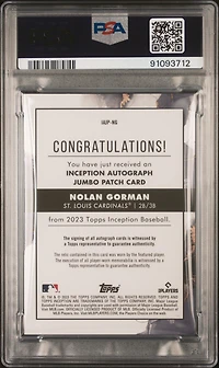 2023 Topps Inception Inception Autograph Jumbo Patch Iajpng Nolan Gorman PSA 10