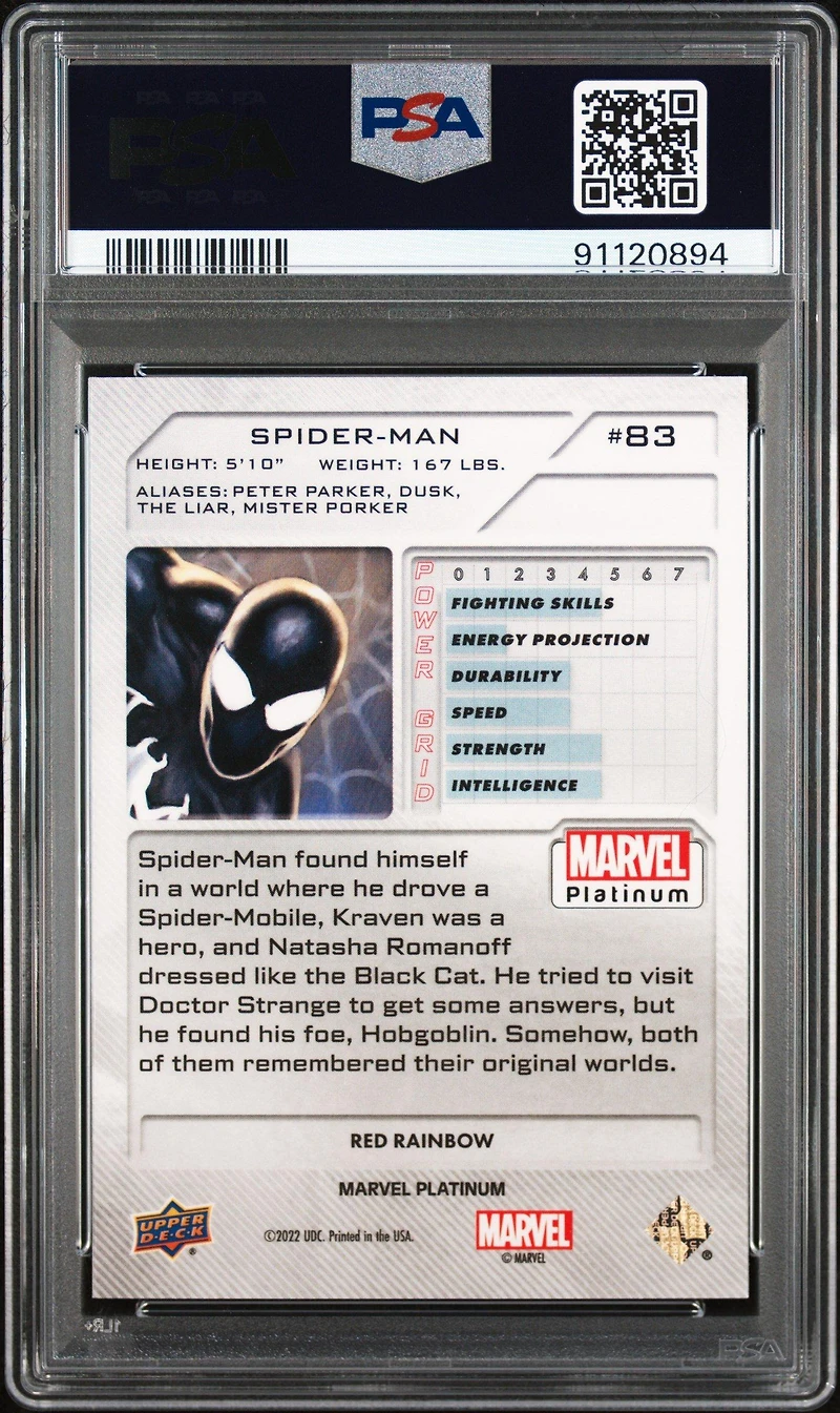 2023 Upper Deck Marvel Platinum 83 Spider-man (symbiote Suit) Red Rainbow PSA 10