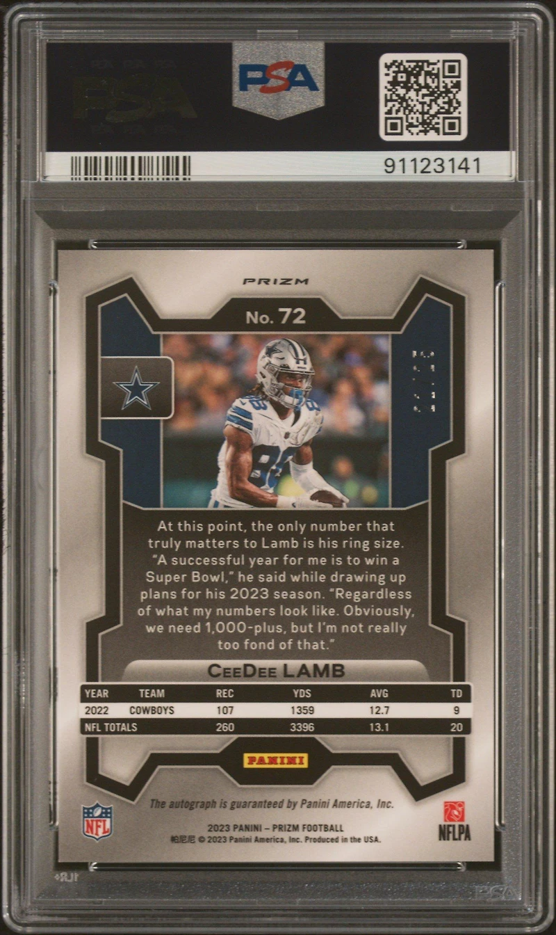 2023 Panini Prizm 72 Ceedee Lamb Autograph-blue Shimmer PSA 9