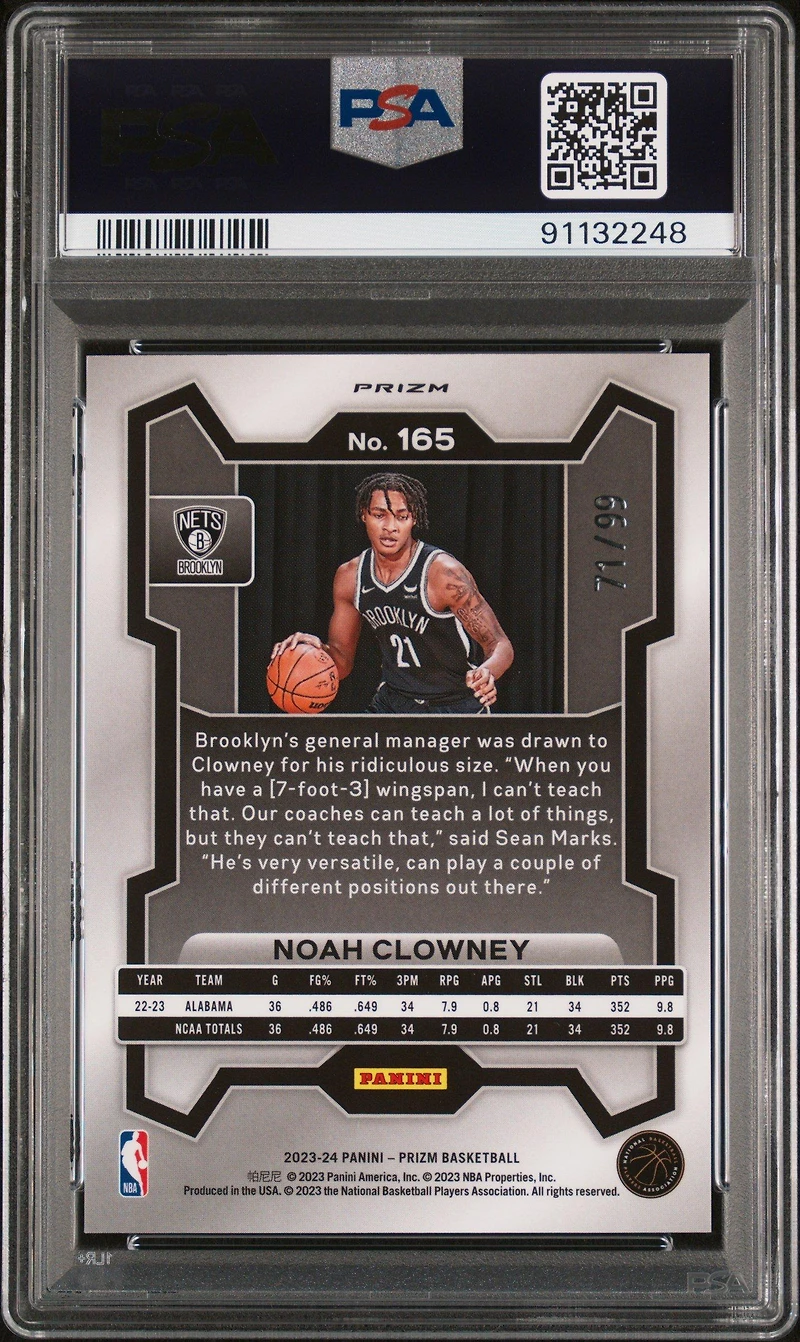 2023 Panini Prizm 165 Noah Clowney Purple Prizm PSA 10