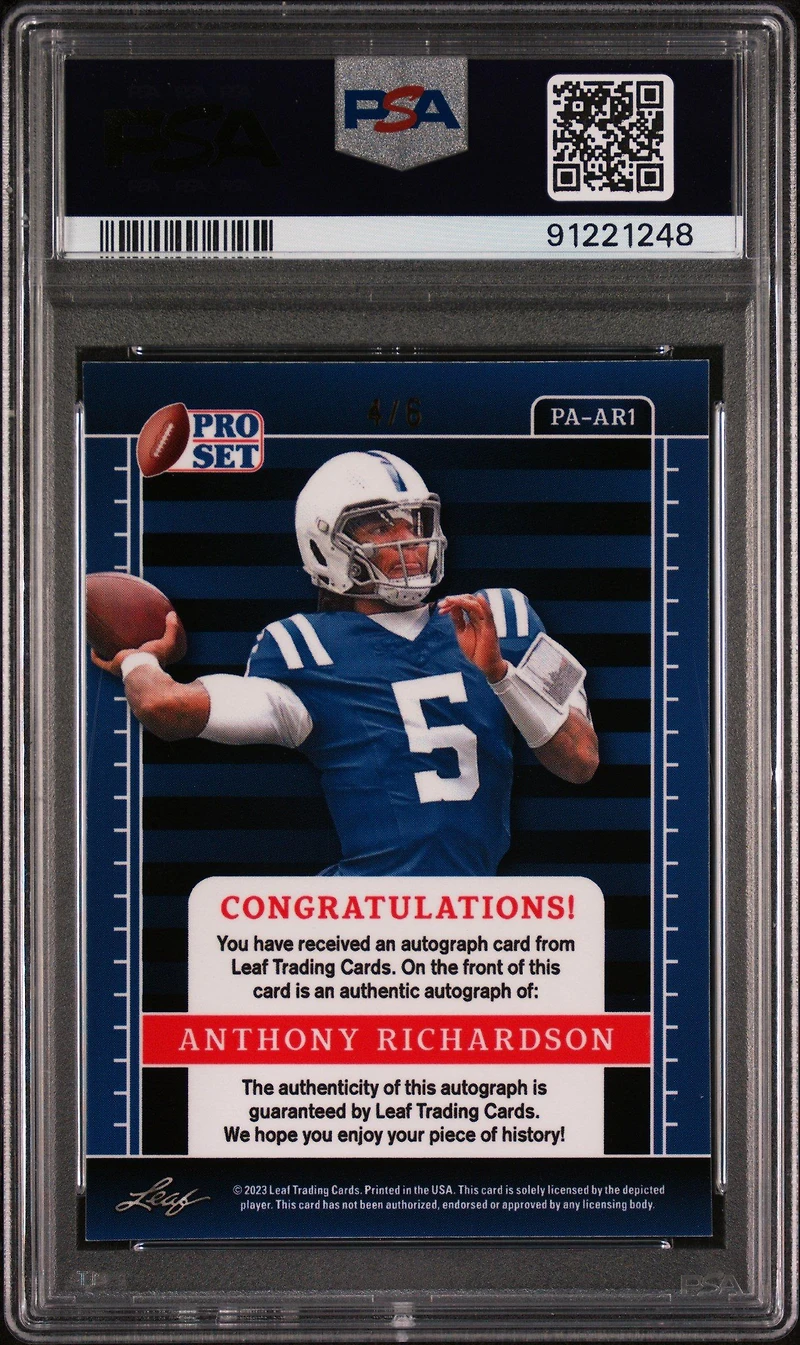 2023 Leaf Pro Set Metal Autographs Paar1 Anthony Richardson Purple Pulsar PSA 10