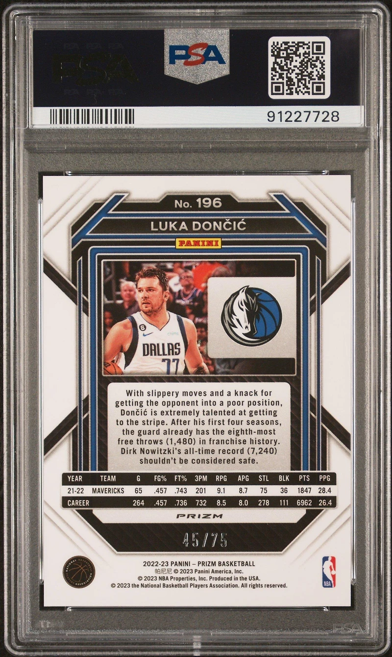 2022 Panini Prizm 196 Luka Doncic Purple Fast Break PSA 10