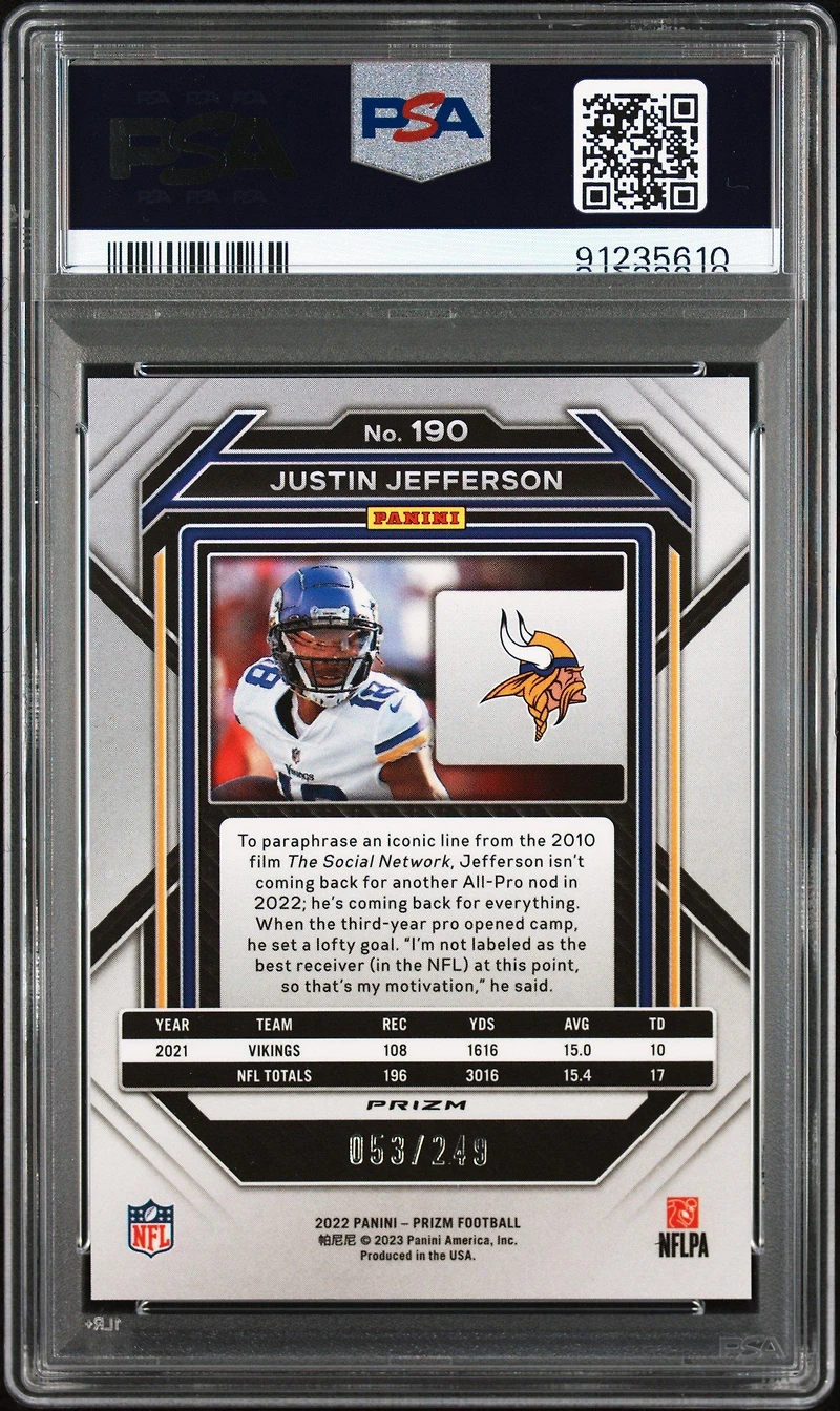 2022 Panini Prizm 190 Justin Jefferson Orange Prizm PSA 10