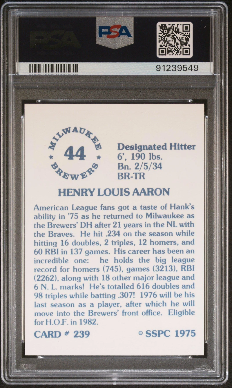 1975 Sspc 239 Hank Aaron PSA 9