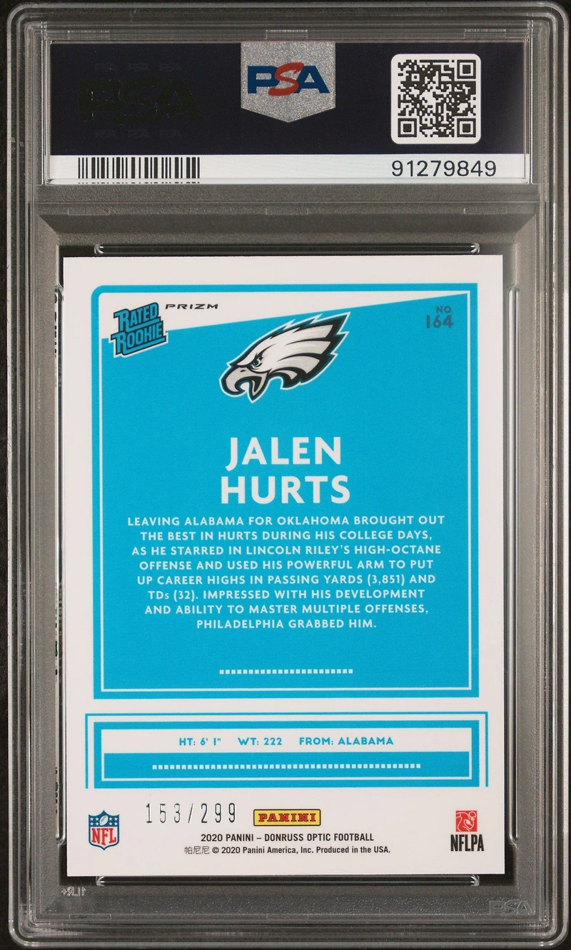 2020 Panini Donruss Optic 164 Jalen Hurts Aqua PSA 9