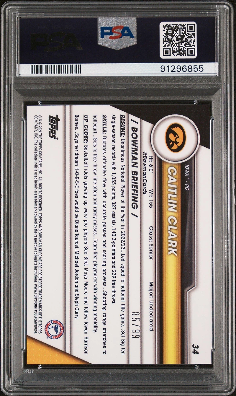 2023 Bowman University Chrome Sapphire 34 Caitlin Clark Green PSA 10
