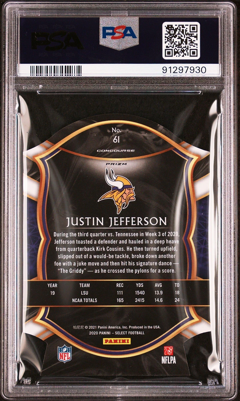 2020 Panini Select 61 Justin Jefferson Die-cut Blue Prizm PSA 10
