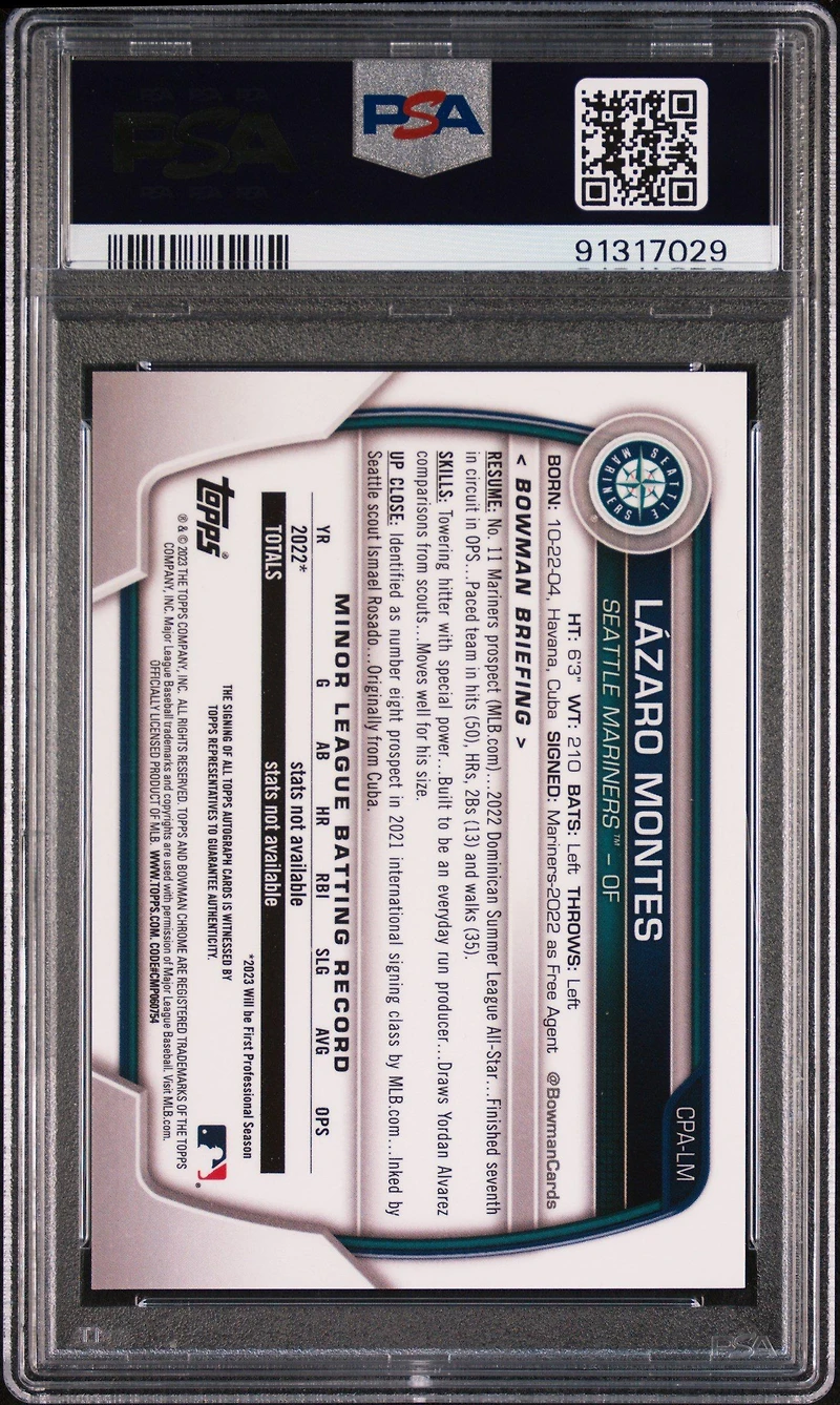 2023 Bowman Chrome Prospect Autographs Cpalm Lazaro Montes PSA 9