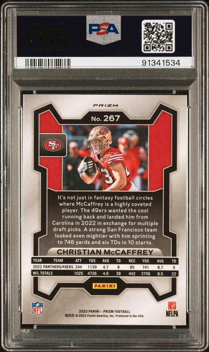 2023 Panini Prizm 267 Christian Mccaffrey Red Sparkle PSA 10