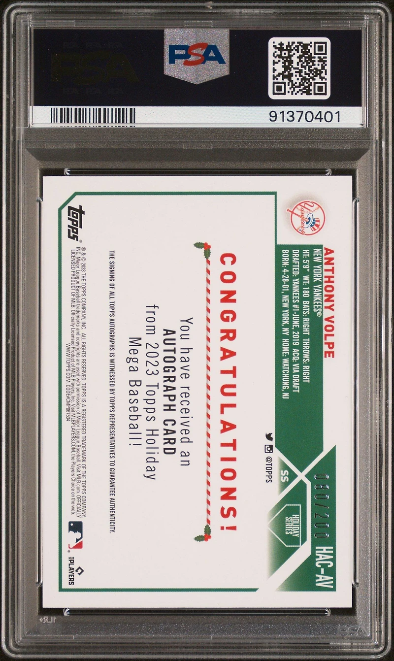 2023 Topps Holiday Autographs Hacav Anthony Volpe PSA 10