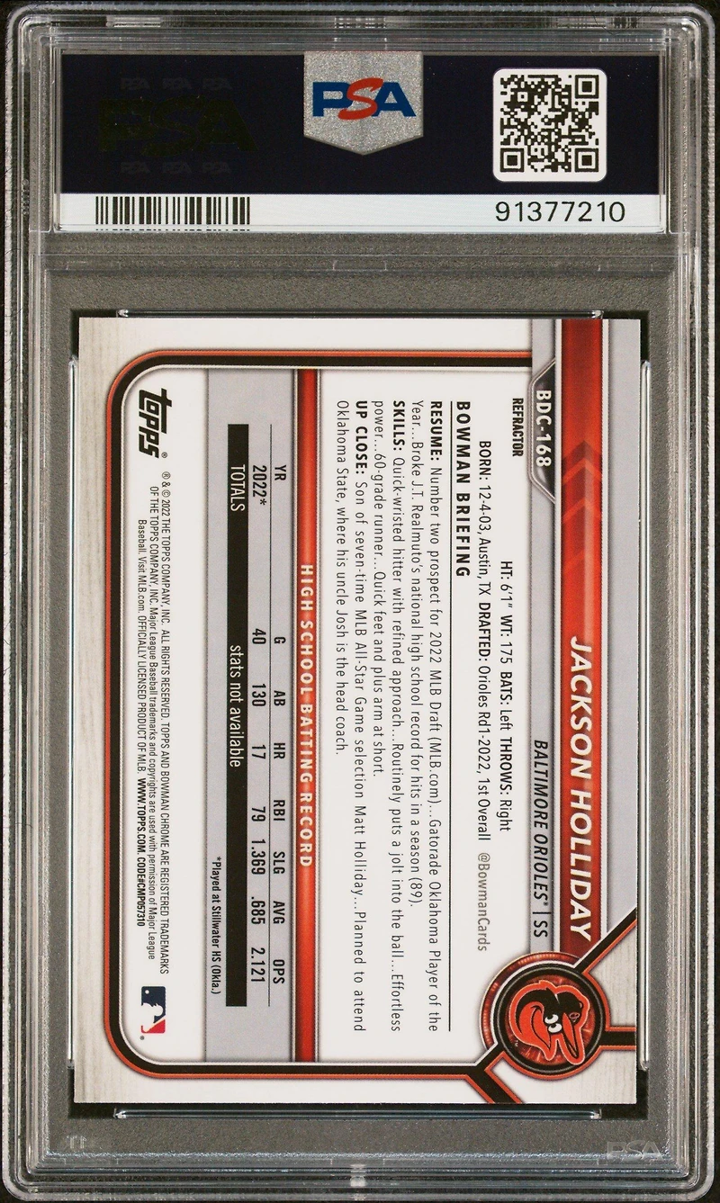 2022 Bowman Draft Bdc168 Jackson Holliday Chrome-refractor PSA 10