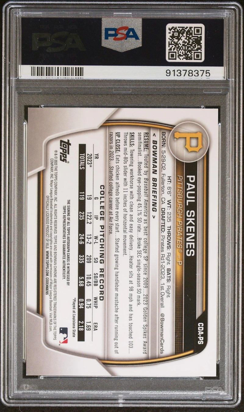 2023 Bowman Draft Chrome Prospect Autograph Cdaps Paul Skenes PSA 9