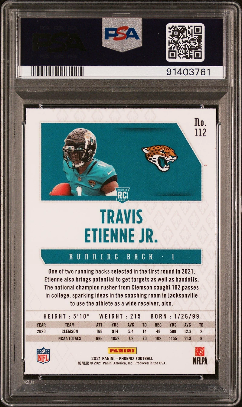 2021 Panini Phoenix 112 Travis Etienne Jr. Fire Burst PSA 10