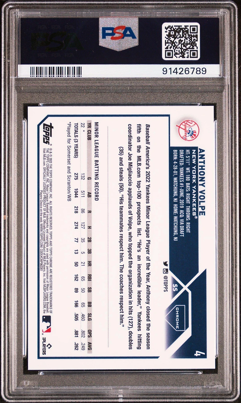 2023 Topps Chrome Logofractor Edition 4 Anthony Volpe Sp PSA 10