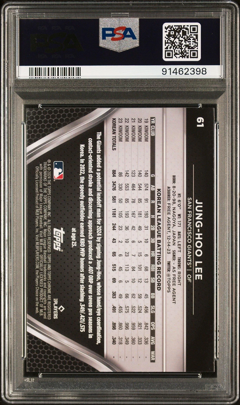 2024 Topps Chrome Black 61 Jung-hoo Lee PSA 10