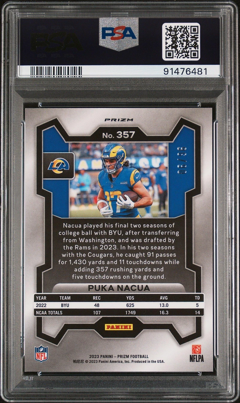 2023 Panini Prizm 357 Puka Nacua Blue Sparkle PSA 10
