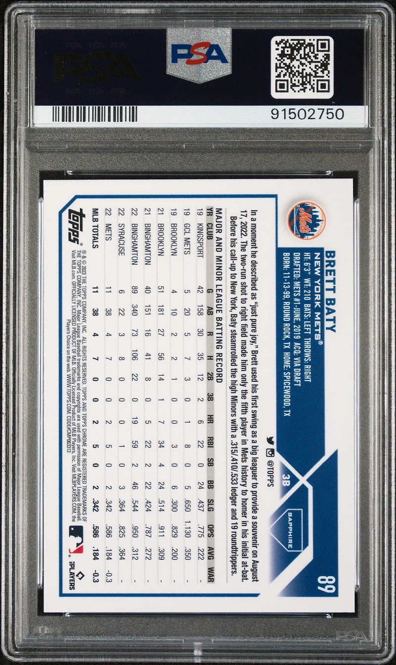2023 Topps Chrome Sapphire 89 Brett Baty PSA 10