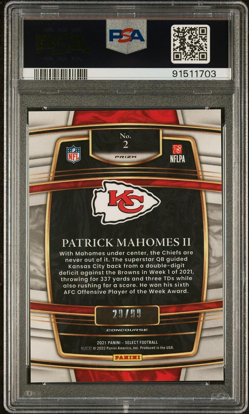 2021 Panini Select 2 Patrick Mahomes Ii Red Prizm PSA 10