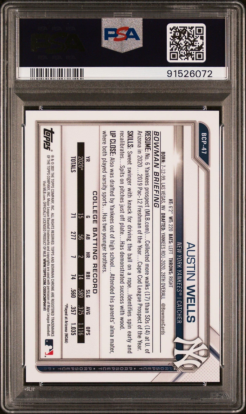 2021 Bowman Chrome Prospects Bcp47 Austin Wells Gold Refractor PSA 10