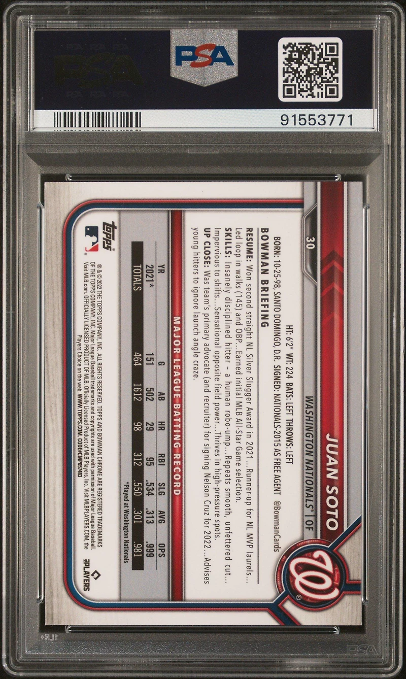 2022 Bowman Chrome Sapphire Edition 30 Juan Soto PSA 10