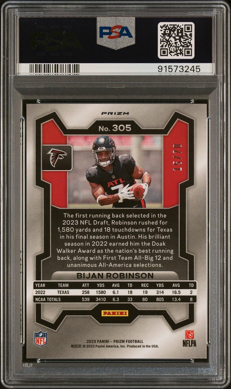 2023 Panini Prizm 305 Bijan Robinson No Huddle Red PSA 9