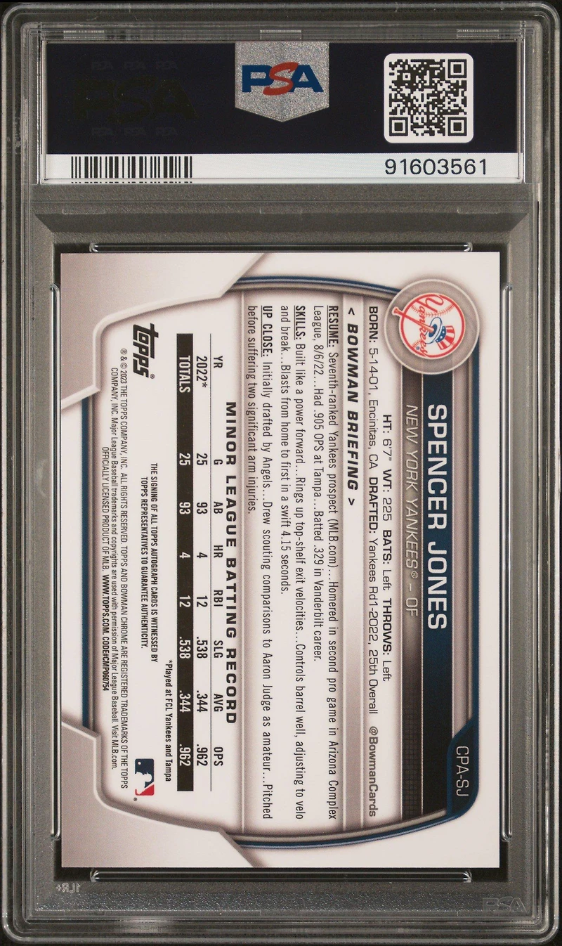 2023 Bowman Chrome Prospect Autographs Cpasj Spencer Jones Speckle PSA 10
