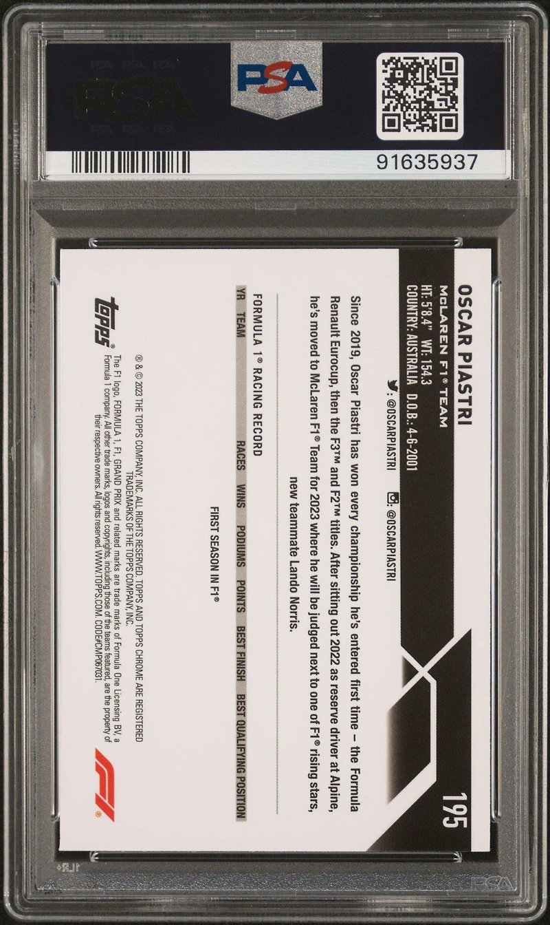 2023 Topps Chrome Formula 1 195 Oscar Piastri PSA 8