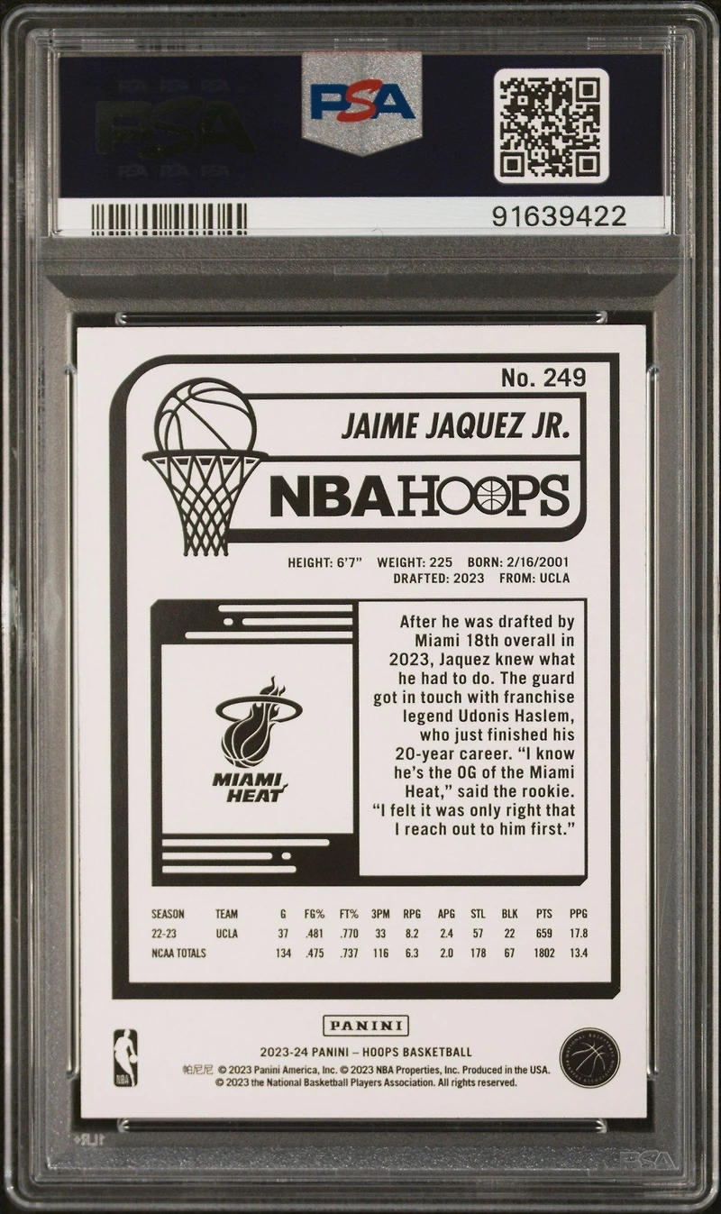 2023 Panini Nba Hoops 249 Jaime Jaquez Jr. Teal Explosion PSA 10