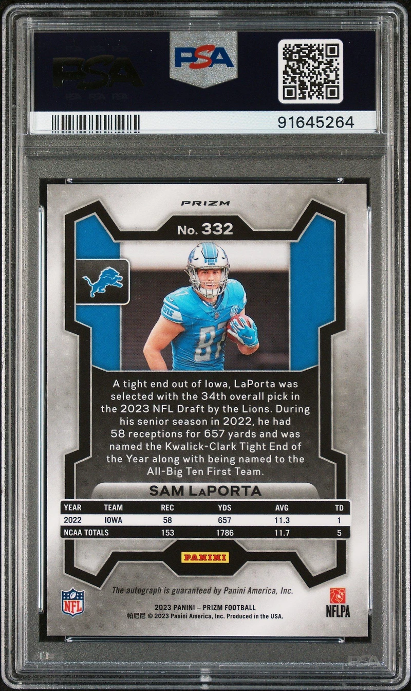 2023 Panini Prizm 332 Sam Laporta Autograph-pink Prizm PSA 10