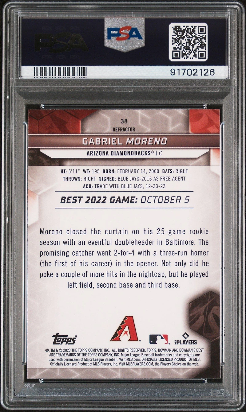 2023 Bowman's Best 38 Gabriel Moreno Refractor PSA 10