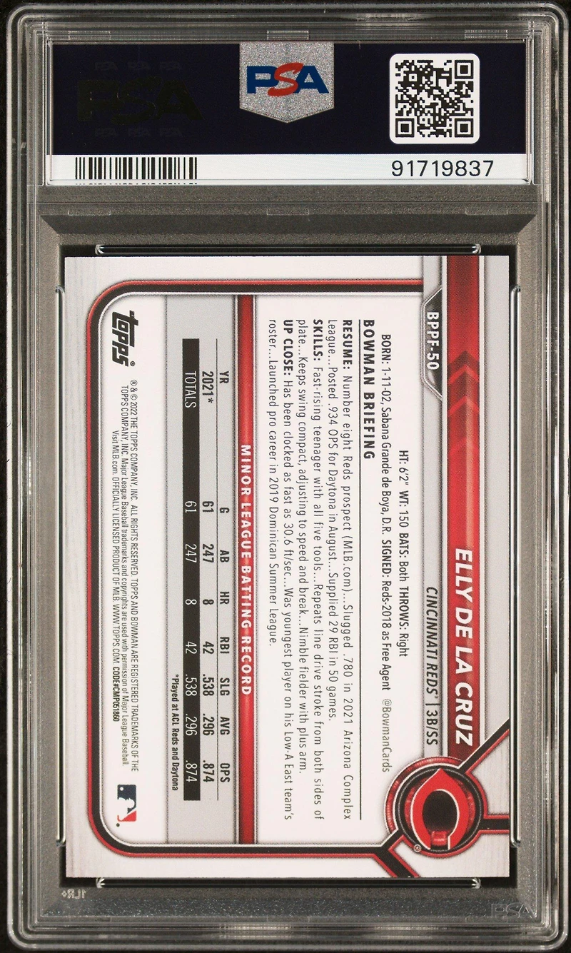2022 Bowman 1st Edition Bppf50 Elly De La Cruz PSA 10