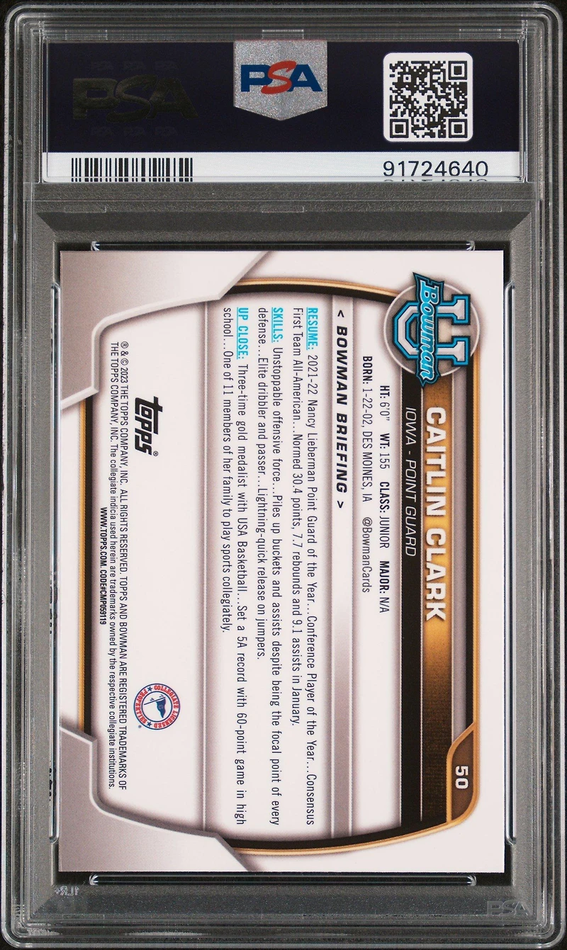2022 Bowman Chrome University 50 Caitlin Clark Pink Refractor PSA