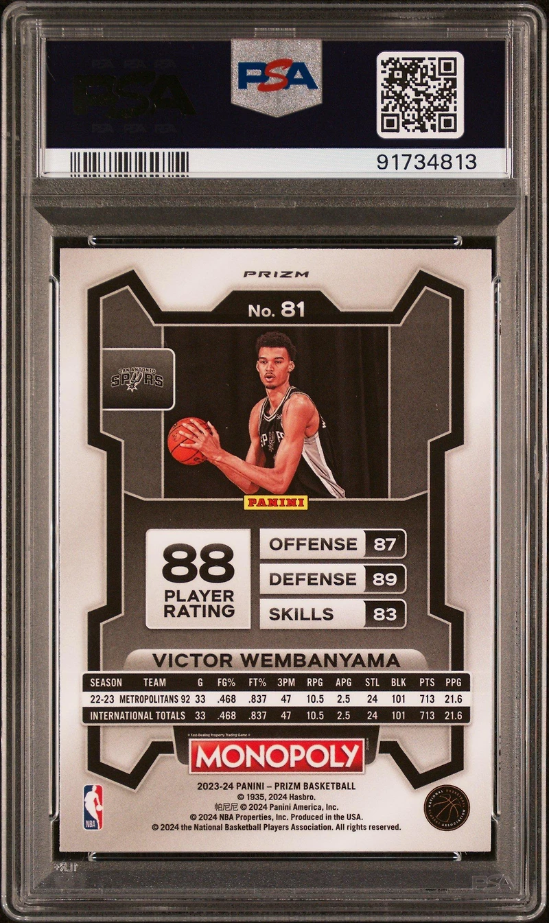 2023 Panini Prizm Monopoly 81 Victor Wembanyama Silver PSA 10