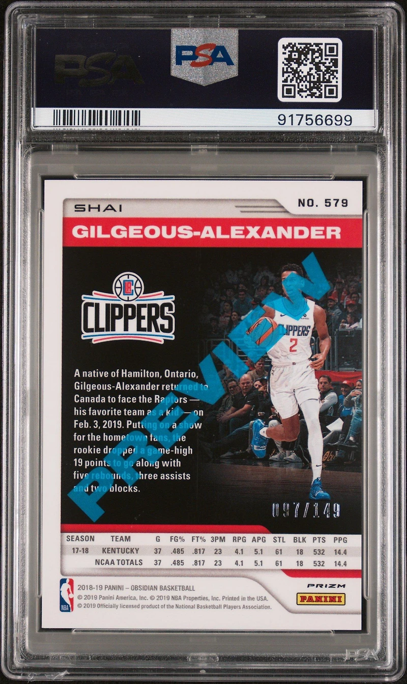 2018 Panini Chronicles 579 Shai Gilgeous-alexander Orange PSA 9