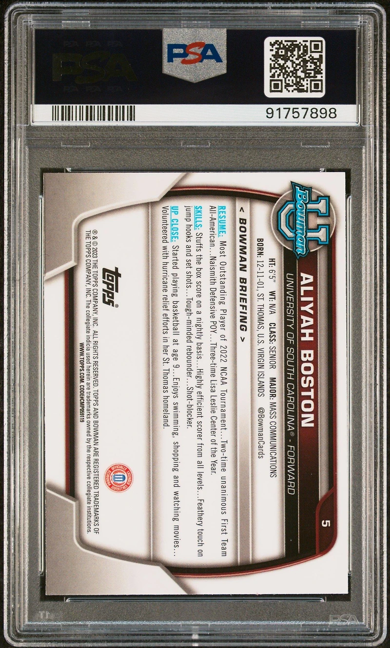 2022 Bowman Chrome University 5 Aliyah Boston Pink Refractor PSA 10