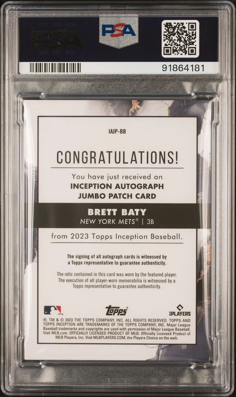 2023 Topps Inception Inception Autograph Jumbo Patch Iajpbb Brett Baty Orange PSA 9