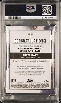 2023 Topps Inception Inception Autograph Jumbo Patch Iajpbb Brett Baty Orange PSA 9