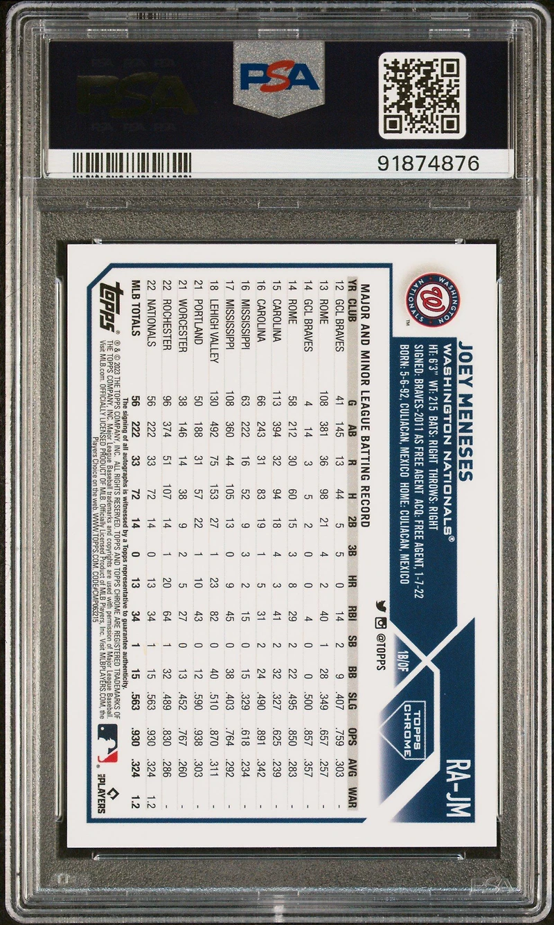 2023 Topps Chrome Rookie Autograph Rajm Joey Meneses Purple Speckle Refractor PSA 10